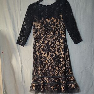 Tadashi Shoji Black Lace Overlay on Nude Midi Dress